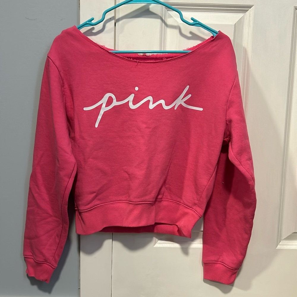 off shoulder pink sweatshirt